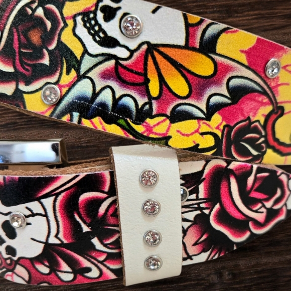 Ed Hardy genuine leather belt skull & rose Tattoo w Rhinestones Sz S/ 26-32" - Picture 6 of 9